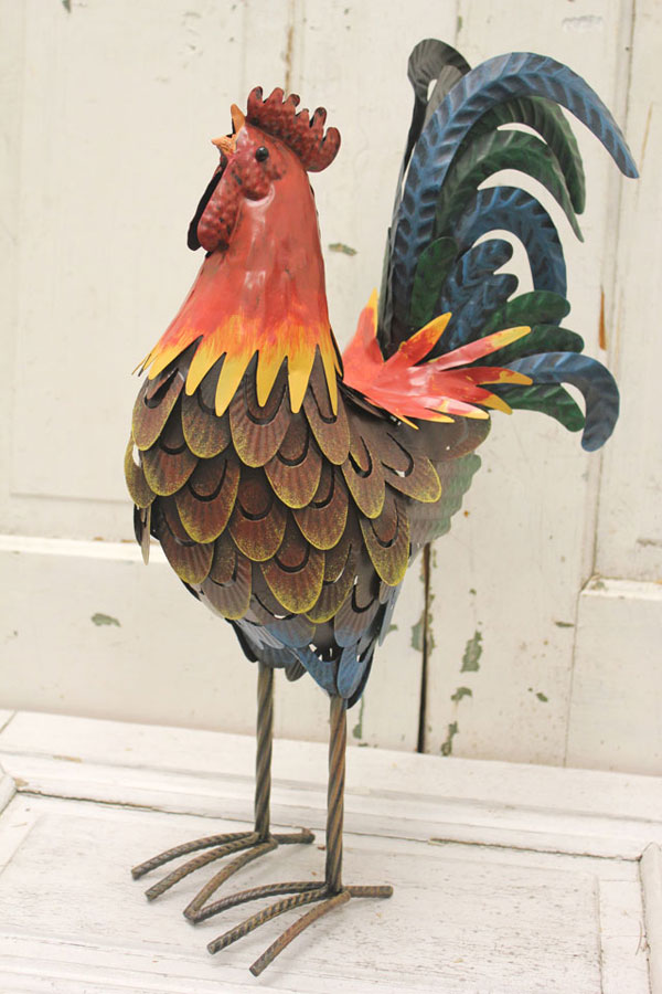 rustic metal rooster statue