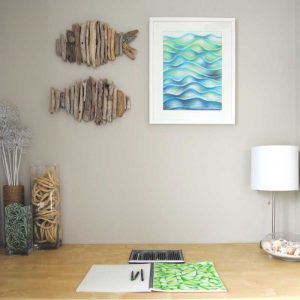 beach house desk with art