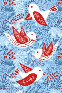 winter birds and berries tea towel